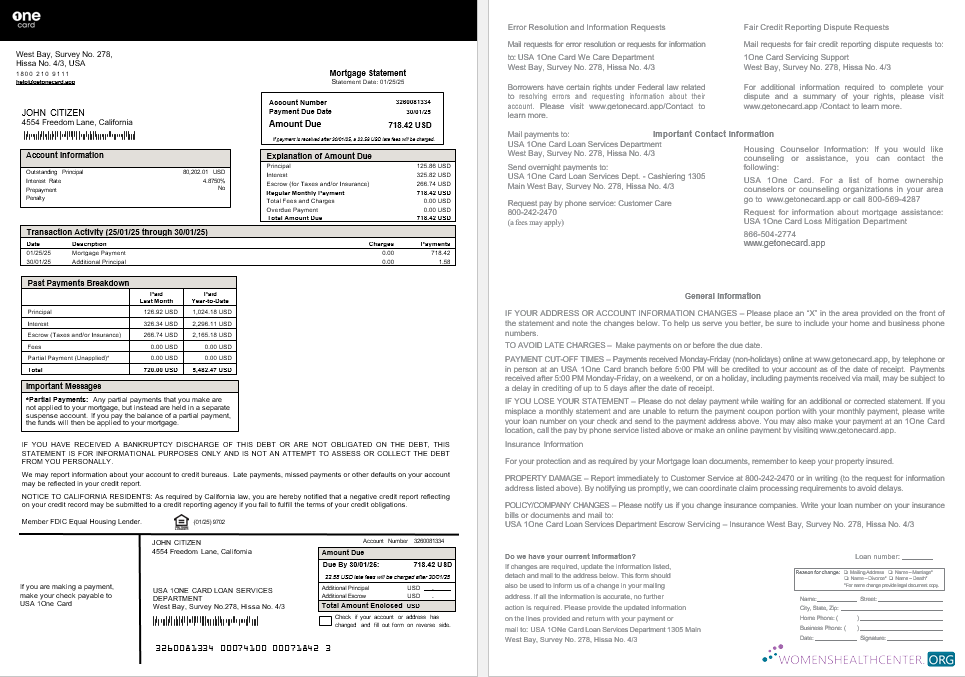 Download USA 1One Card mortgage statement in Word and PDF formats Photoshop template